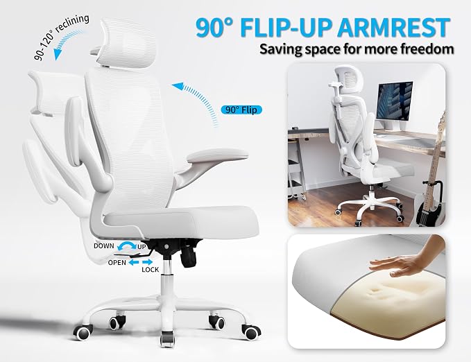 Ergonomic Office Chair: Mesh Desk Chair Comfy with Headrest& Lumbar Support | Ergalithic Big and Tall Office Chairs with Wheels & Flip-Up Arms-Computer Gaming Chairs for Adults Home Office Chairs(White)