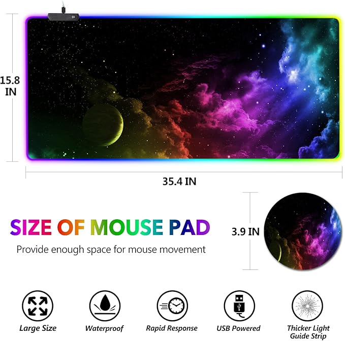 AIMSA Large RGB Gaming Mouse Pad, Keyboard Mousepad Led Extended 35.4 x 15.8 inch Non-Slip Rubber Base with 14 Lighting Modes, Big Desk Mat Waterproof, Nebula Universe