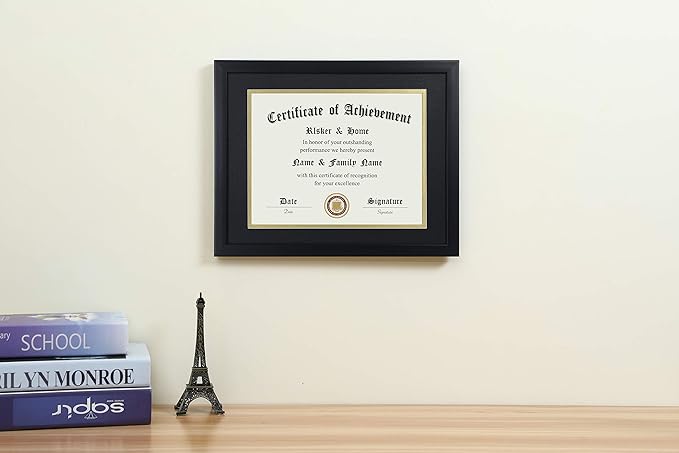 ELSKER&HOME 8.5x11 Certificate Frame - Classic Black Color Frame - Displays Diploma 8.5x11 Inch with Mat - 11x14 Inch Without Mat - For Document/Photo(Double Mat - Matte Black with Gold Rim)