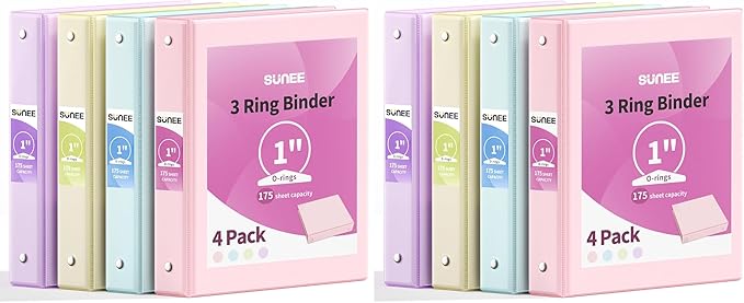 SUNEE 3 Ring Binder 1 Inch 8 Pack, Clear View 1" Binders Three Ring PVC-Free (Fit 8.5x11 Inches) for School or Office Supplies, Assorted Pastel
