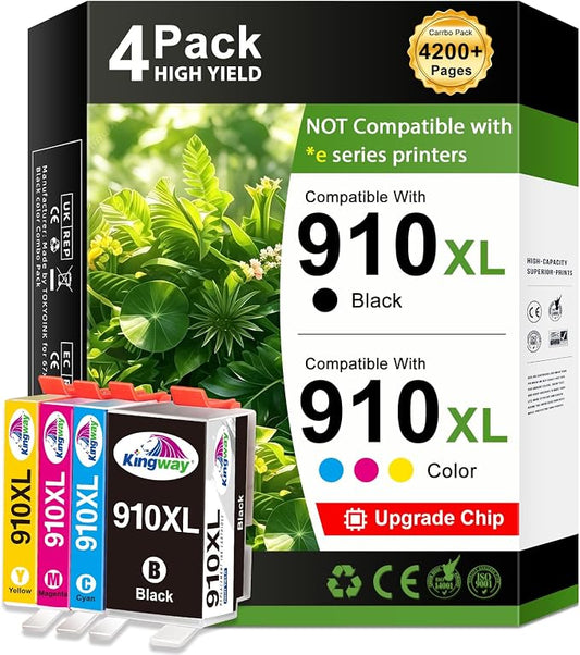 KINGWAY 910xl Ink Cartridges Replacement for HP 910 910XL Printer 4 Pack | Latest Chip HP Ink 910 Compatible with HP OfficeJet 8010 8012 8014 8015 8018 8022 OfficeJet Pro 8020 8024 8025 8028 Printers