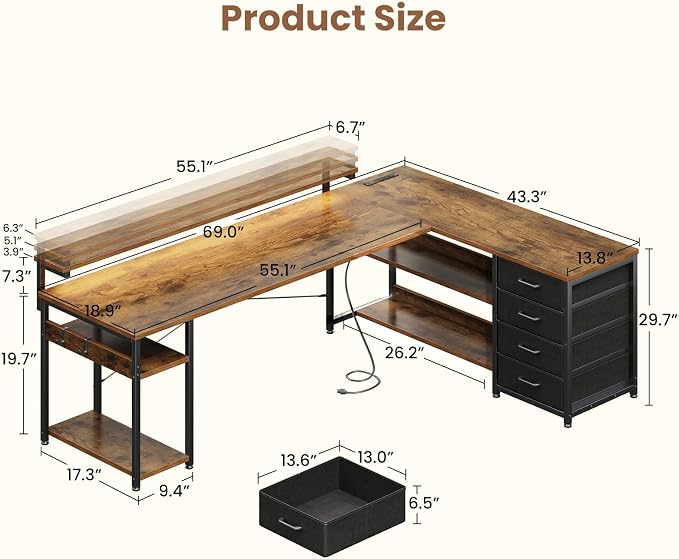 AODK 69 Inch L Shaped Computer Desk with 4 Drawers, LED Lights, Vintage | Power Outlets, Adjustable Monitor Stand, Open Storage Shelves, Reversible Layout for Gaming and Home Office