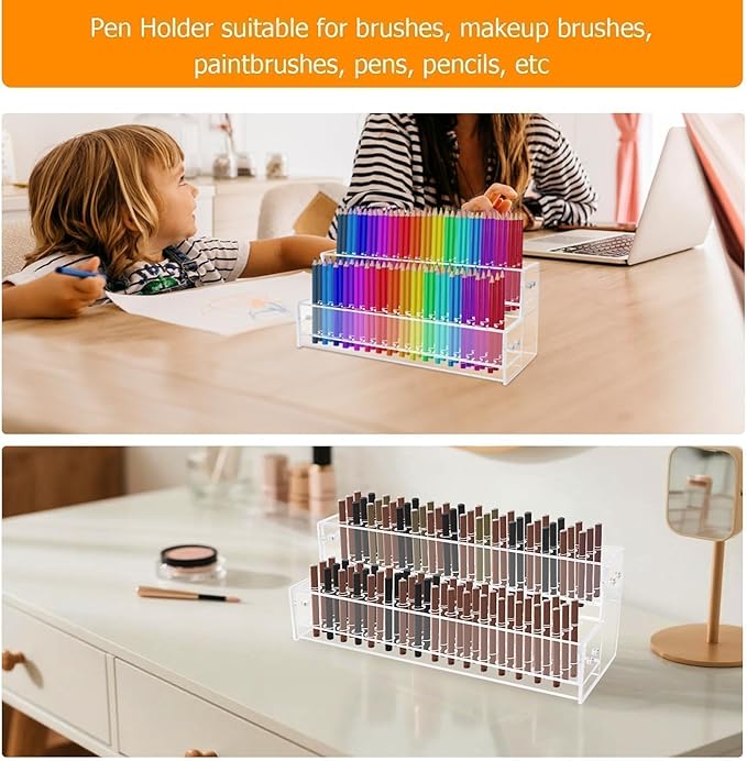 96-Slots Pen Display Stand,2-Tier Acrylic Pen Holder for Craft Shows,12mm Beadable Pens Stand Paint Brush Holder Pencil Organizer Makeup Brush Rack Art Brush Organizer for Office Desk School Supplies