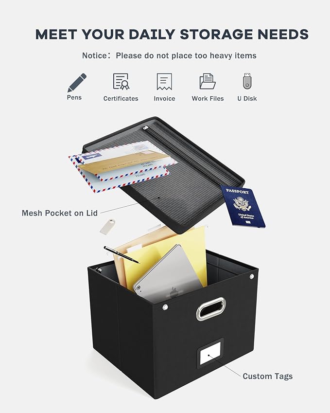 File Organizer Box with Lid,Large Hanging Filing Box with Mesh Pocket, Document c for Letter Files, Portable Storage Case with Smooth Sliding Rail for Office&Home (1 PCS, Black)