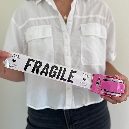 Fragile Packing Tape with Pink Dispenser – Please Be Gentle Minimal Cream & Black Design, 1.88" x 22.2 Yards – Packaging Tape for Moving Boxes, Small Business, and Mailers