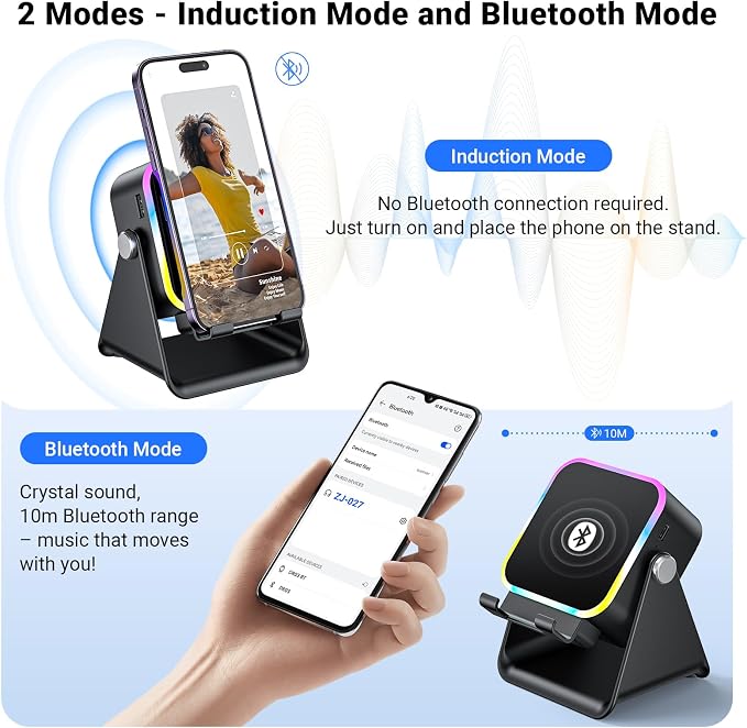 Induction Speaker with Phone Stand 5 in 1 Wireless Bluetooth Audio Black | Phone Speakers Amplifie For iPhone and Android Rechargeable Colorful Light. Birthday Gift for Men Women and Teens