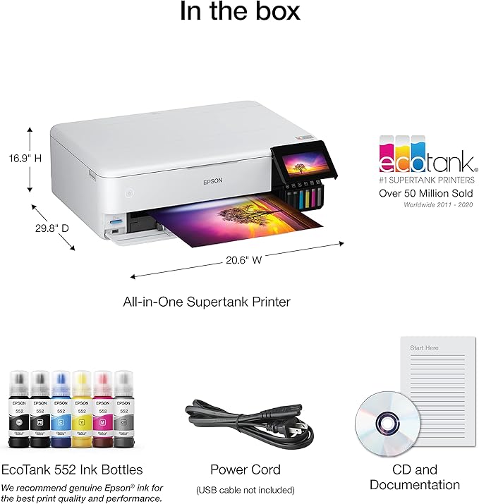 Epson EcoTank Photo ET-8550 Wireless Wide-format Color All-in-One Supertank Printer with Scanner Copier, Ethernet and 4.3-inch Colorfull Touchscreen
