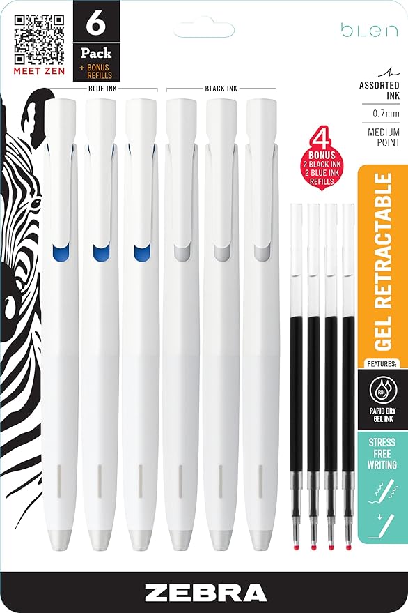 Zebra Pen, bLen Retractable Gel Pens, Medium Point 0.7mm, 3 Black & 3 Blue Ink Pens, All White Barrels, Plus 4 Bonus Refills, Low Vibration for More Stable, Easier to Control Writing, 6-Pack (49506)