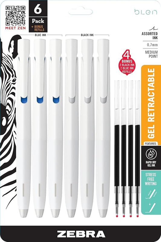 Zebra Pen, bLen Retractable Gel Pens, Medium Point 0.7mm, 3 Black & 3 Blue Ink Pens, All White Barrels, Plus 4 Bonus Refills, Low Vibration for More Stable, Easier to Control Writing, 6-Pack (49506)