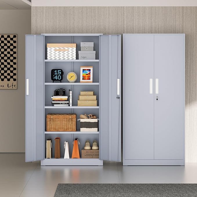 Incbruce 72” Metal Storage Cabinet, Locking Steel Storage Cabinet with 2 Doors and 4 Adjustable Shelves, Tall Lockable Tool for Garage, Home, Office (Cement Grey)