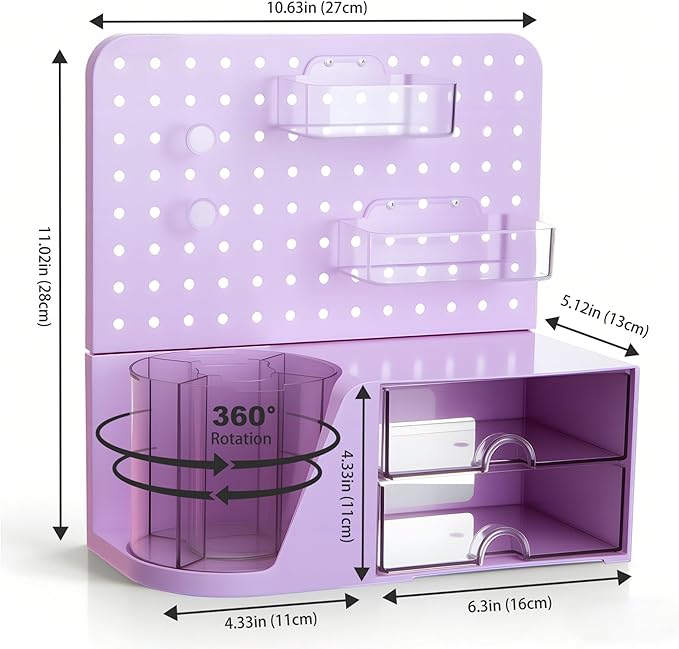 Comix Desk Organizer with 2 Drawer, Multifunctional Pen Holder for Desk, Desktop Organizer with Pegboard + Drawer + 5 Slots Pencil Holder for Office Home Art Supplies (Purple)