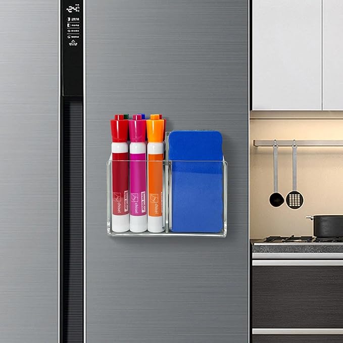Magnetic Dry Erase Marker Holder, Clear Acrylic Magnetic Pen Marker Holder for Whiteboard, Fridge, Office, Home, Desk Locker Organizer Accessories