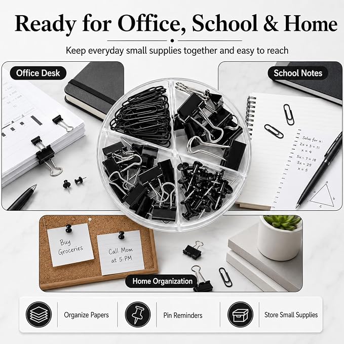 Paper Clips Binder Push Pin Set, Assorted Sized Binder Clips | Cute Office Supplies, Aesthetic Desk Accessories Teachers Desk Must Have, Paper Clips and Binder Clips Set, Black, 1 Pack