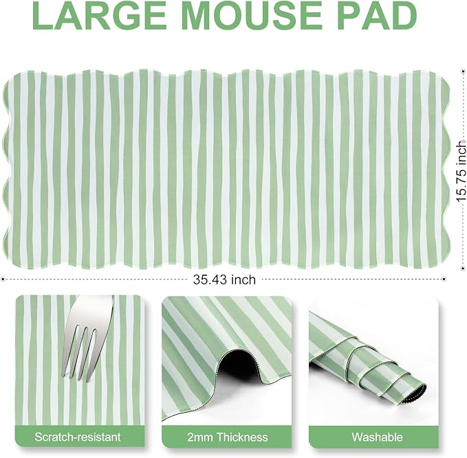 L-SPOUTTO Green Striped Mouse Pad,Scalloped Desk Mat XXL Large Geometric Gaming Mousepad,35.4x15.7in Non-Slip Rubber Base Keyboard Pad Waterproof Desktop Mat for Laptop Computer Game Home Office