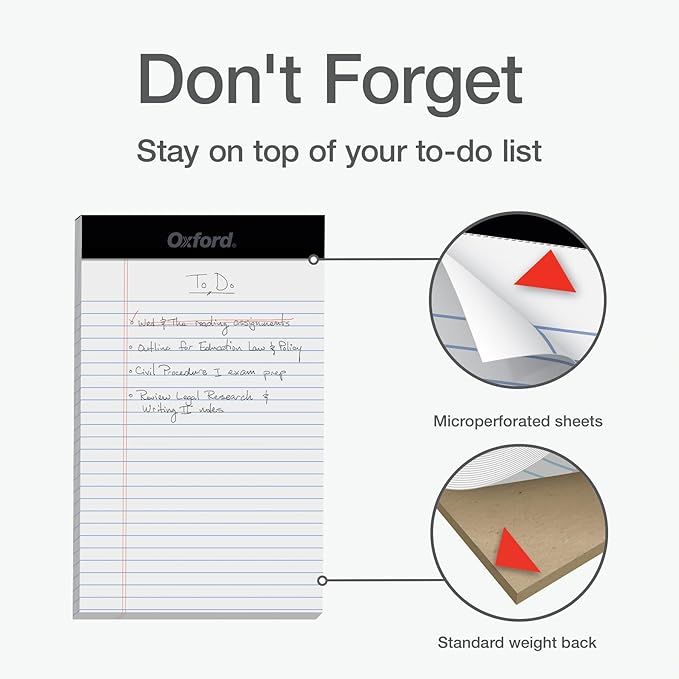 Oxford Legal Pads, 12 Pack, Note Pads, 50 Legal Ruled 5" x 8" Sheets, Bright White Paper with Firm Back, Small Portable Notepads, Proudly Made in the USA