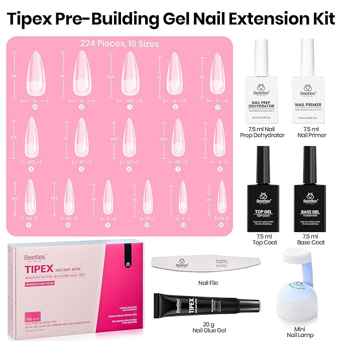 Beetles Tipex Instant Apex Nail Tips Kit with Dehydrator & Primer, Long Stiletto, 224PCS 16 Sizes, Reinforced Apex for Strong Long-Lasting Wear, 20g Solid Nail Glue, Mini UV Lamp, Base & Top Coat