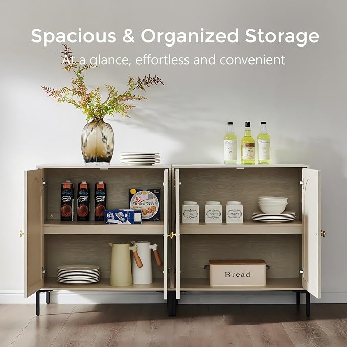 IFGET 34" Tall Modern Arched Sideboard Buffet Cabinet with Storage, Cream | Fluted Arch Sideboard Cabinet w/Adjustable Shelves, Wooden Modular Kitchen Cabinet for Dining& Living Room, Kitchen, Entryway