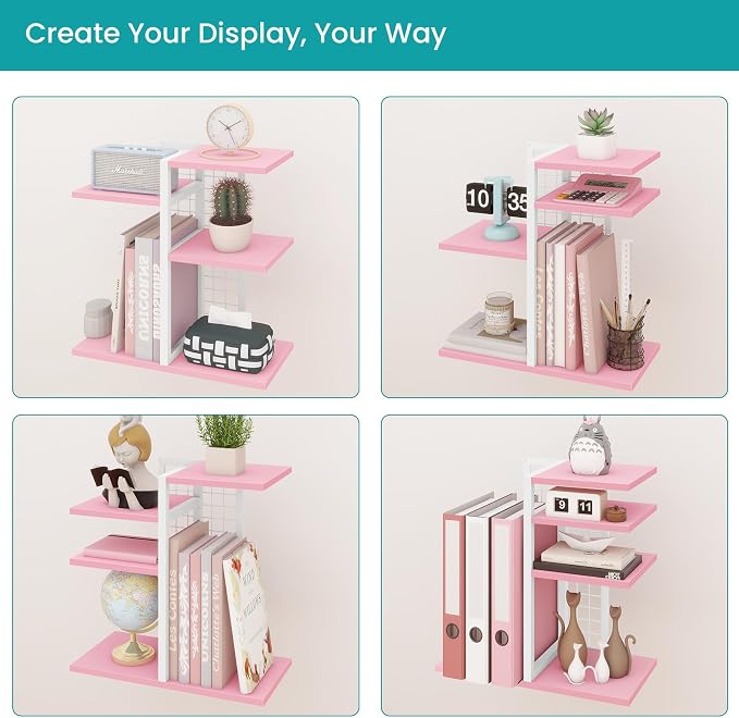 ELITEROO Desktop Bookshelf, Tiered Desk Organizer Shelf, Wooden Tabletop Bookshelf Small Desk Book Shelf, Dresser Top Organization Storage Rack and Desk Decorations for Women Office, Pink