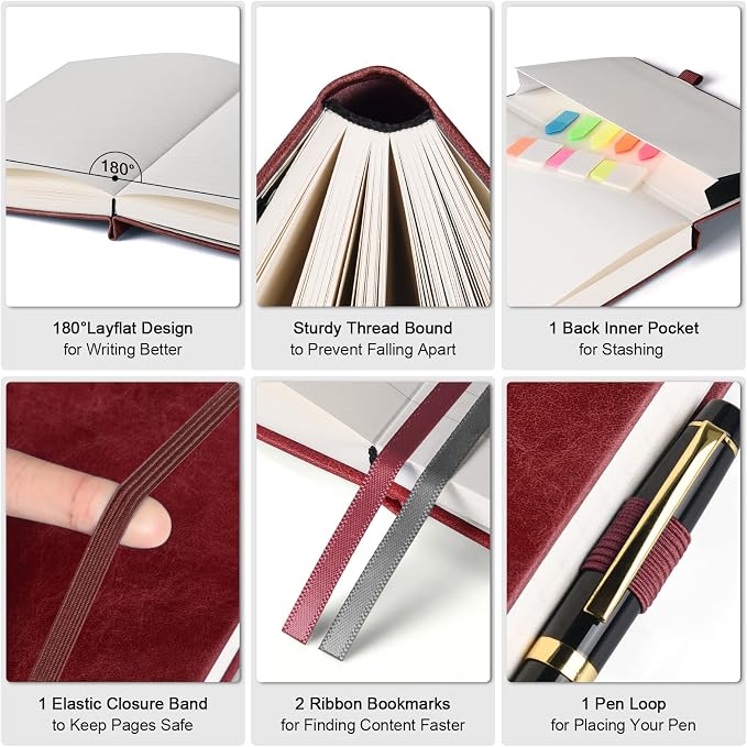 5 Pack College Ruled Notebook Bulk, A5, 312 Numbered Page Thick Journal Set | Cost-Effective 5 Pack 1600 Pages Total, 100gsm No Bleed Paper, Leather Hardcover, Lay-Flat, for Writing, Work, Employee Gifts