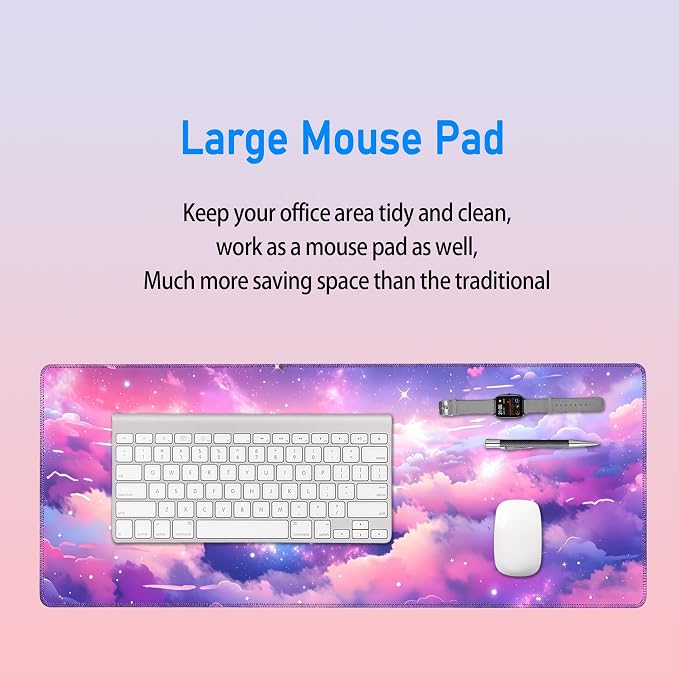 Pretty Cloud Desk Mat,Large Cute Pink Purple Sky Mouse Pad,31.5x12in | Starry Sky Gaming Mousepad,Extended Girly Galaxy Desk Decor Deskmat for Women,Pastel Colorful XL Keyboard Mat,80x30 cm