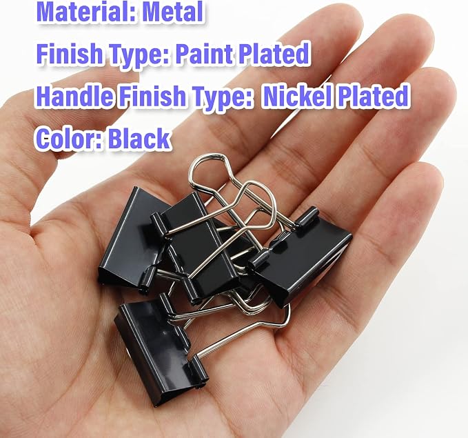 40 Pack 1" Black Binder Clips, 12mm Capacity Metal Office Clamps | Metal Paint-Plated, 25mm Wide 12mm Capacity, For Paper Document Photo Album School Office Home