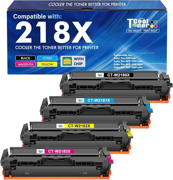 218X Toner Cartridges 4 Pack for HP 218 218A W2180X 3301fdw 3201dw 3301sdw | Compatible for HP Color LaserJet Pro MFP 3301 3301fdw 3301cdw 3201dw 3301sdw 3201 Printer Ink High Yield with Chip B/C/Y/M