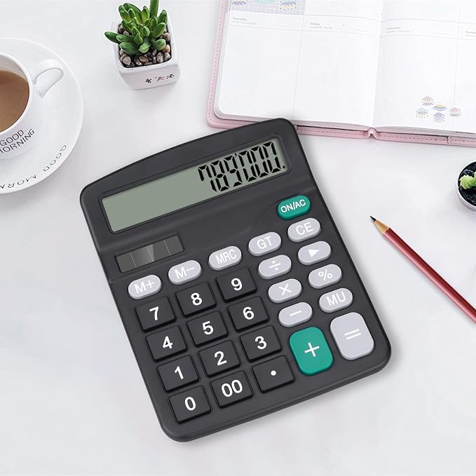Desktop Calculator, Black Calculator Big Buttons, 12-Digits | Large LCD Display, Solar and AA Battery Dual Power, Desk Calculators for Office Home School Business Class (Black)