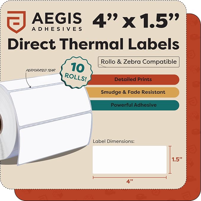 4" X 1.5" Direct Thermal Labels (9000 Count, 10 Rolls) - Barcode Labels | Wide Thermal Sticker Roll for Carton and Product Identification - Compatible With Zebra and Rollo Printers - Aegis Adhesives