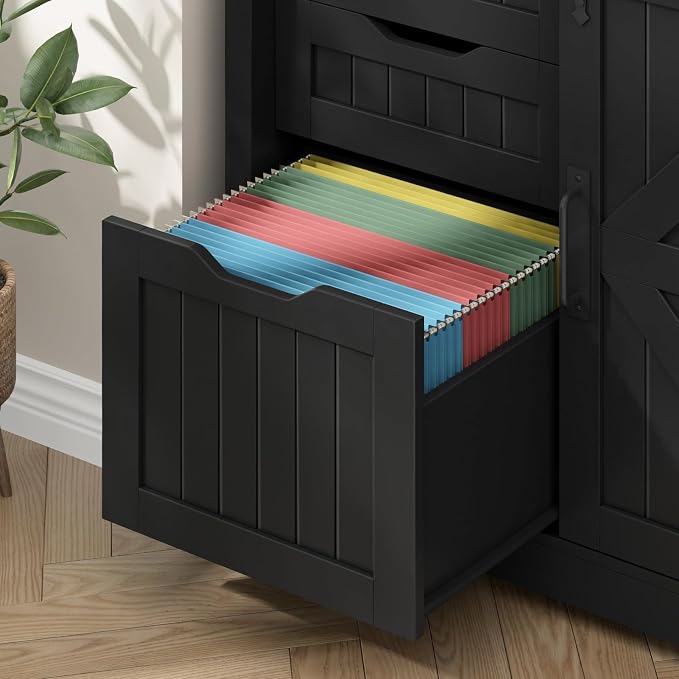 Halitaa Lateral Filing Cabinets with Adjustable Shelf, Black | Farmhouse File Cabinet with Lock for Home Office, Filing Storage Cabinets with Sliding Barn Door for Hanging Files Letter/A4