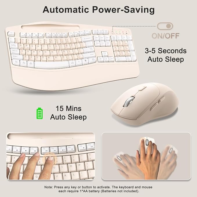 Wireless Keyboard and Mouse Combo, 2.4G Ergonomic Wave Keys(Milk Tea-A) | Full Size Ergonomic Keyboard with Wrist Rest, Phone Holder, 3-Level DPI Silent Mouse with 6-Buttons,for Windows/Mac OS/Laptop