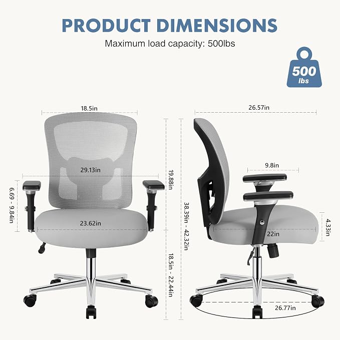 DUMOS Big and Tall Office Desk Chair, 500lbs Heavy Duty Mesh Chair | Ergonomic 4D Armrest, Comfortable Lumbar Support, Wide Seat, 360° Swivel Rolling Wheels, Adult, Grey