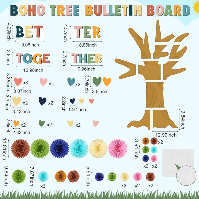 62 Pcs Boho Tree Bulletin Board Set for Spring Classroom 3D Tree Bulletin Board DIY Paper Fans Heart Cutouts Better Together Wall Decor for Home School Classroom Teacher Chalkboards Supplies