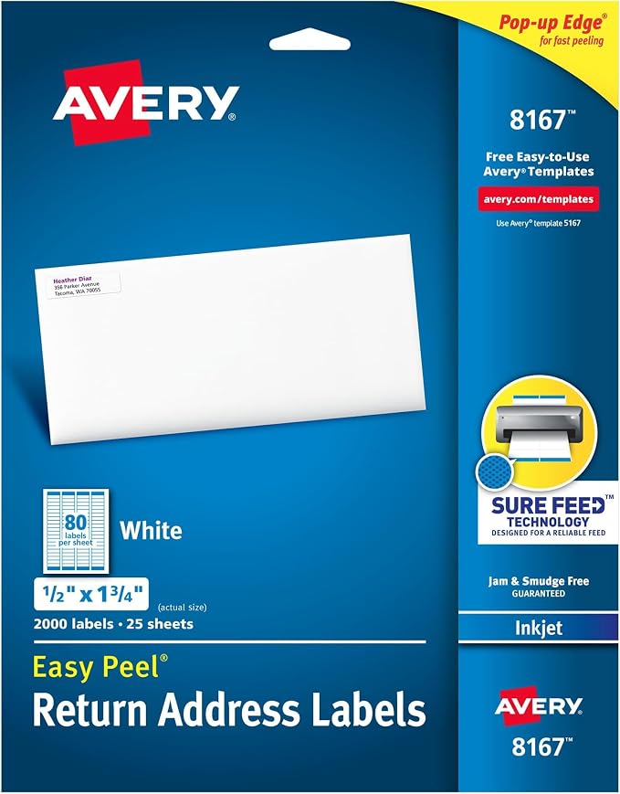 Avery Printable Return Address Labels with Sure Feed, 0.5" x 1.75", White, 2,000 Blank Mailing Labels (08167) (Pack of 5)