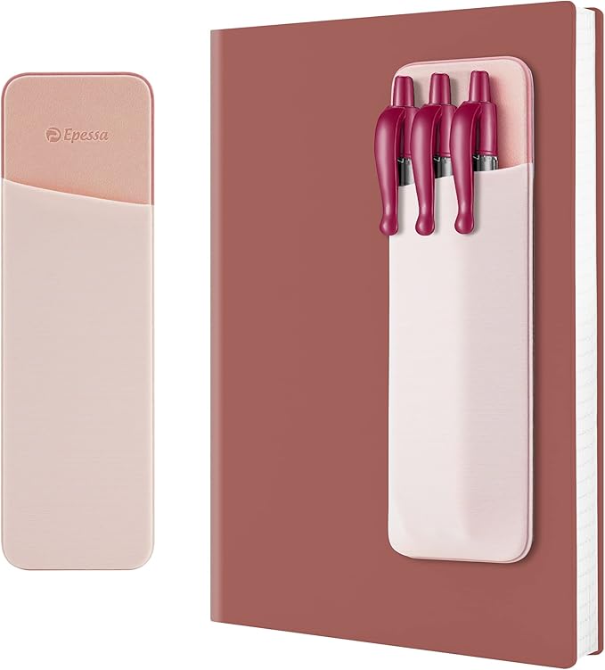 Epessa Stick-On Pen Holder for Notebook, Adhesive Pencil Sleeve Pouch for Hardcover Journals, Planners, Notebooks, Reusable Pen Pocket Organizer Easy to Remove (Pink)