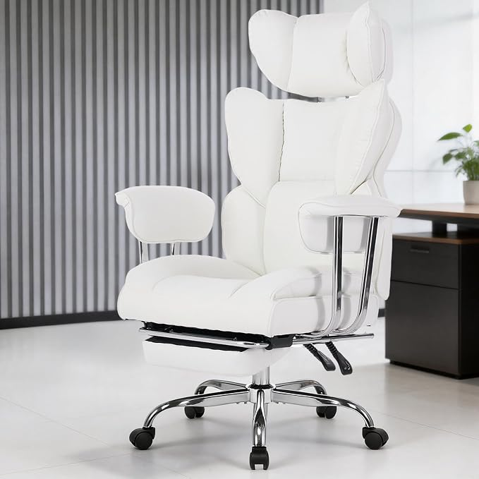 DUMOS Big and Tall Home Office Desk Chair, Executive Chair with Footrest | Scratch-Resistant PU Leather, Ergonomic Reclining, Pocket Spring Support, 400 LBS Weight Capacity, White