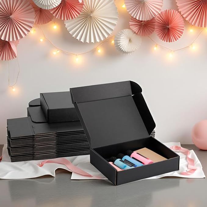 9x6x2 inch Black Shipping Boxes for Small Business- Set of 25 | Sturdy ECT 32 Corrugated Cardboard Mailer Boxes, Easy Assemble for Packaging, Mailing, Gift
