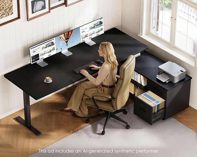 63 Inch L Shaped Electric Standing Desk with Cabinet Sets, Black | Mobile Drawers & File Cabinet Sets for Flexible Layout, Height Adjustable Executive Stand Up Desk for Home Office Workstation