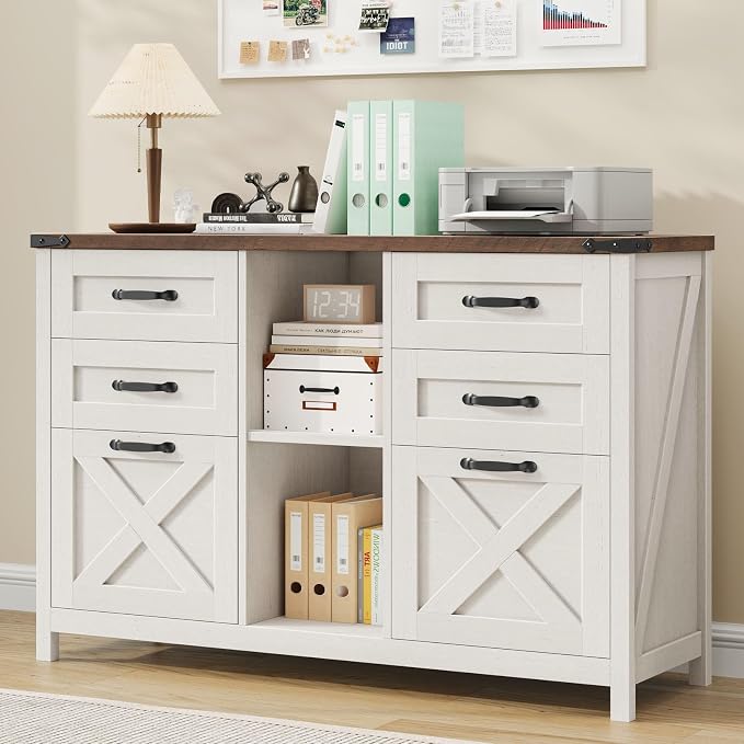 Halitaa Farmhouse Lateral File Cabinet with 6 Drawers, White and Brown | Lateral Filing Cabinet for Letter/A4 Size Hanging File, Wood File Storage Cabinet Printer Stand for Home Office Cabinet