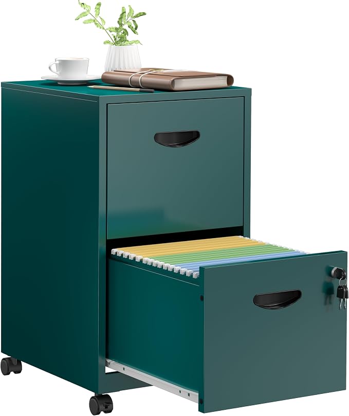 SteeLoong 2 Drawer File Cabinet,Metal Mobile File Cabinet with Lock Green | Filing Cabinet with Wheel,Vertical File Cabinet for Home Office,Under Desk Rolling File Cabinets for Hanging Letter/A4