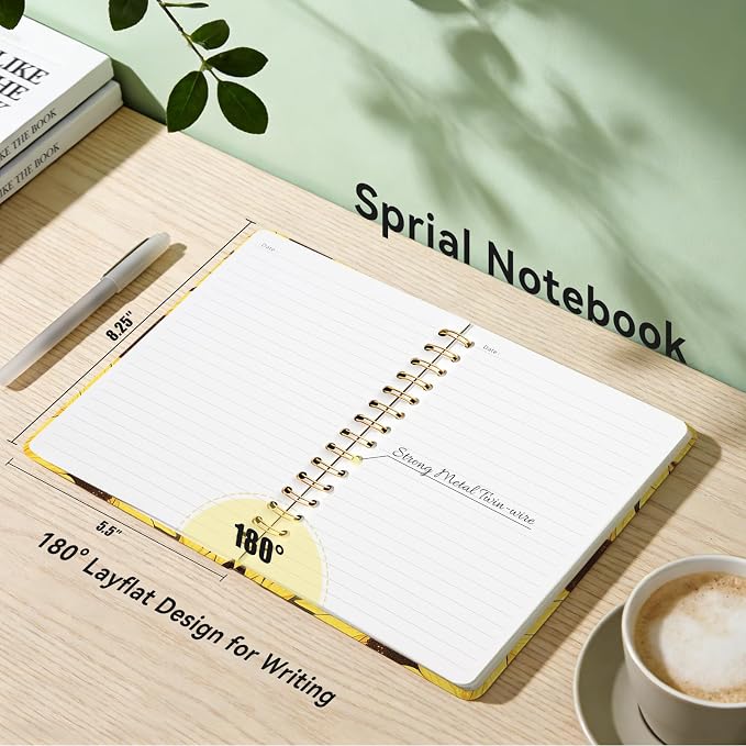 Lined Spiral Journal Notebook for Work A5, 160 Pages, Sunflower Cat | College Ruled Spiral Journal for Women, Hardcover with Elegant Design for Note-Taking, 5.5 * 8.25 inch