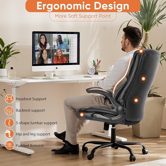 Sweetcrispy Heavy Duty Office Chair, Gaming Desk Chair 2 Pack | Flip-Up Arms, Adjustable Height, PU Leather Swivel Rolling Wheels, Computer Work, Inky