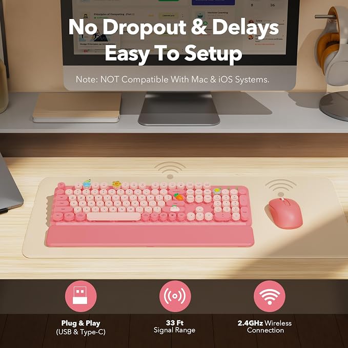 Wireless Keyboard and Mouse Combo, Cute Full-Size Retro Typewriter Keyboard with Round Keycaps, Magnetic Wrist Rest, Tilt Legs, 2.4GHz Cordless for Mac, Windows PC, Laptop, SABLUTE CK23, Baby Pink | Full-Size Retro Typewriter-Style Keyboard, Tilt Legs,...