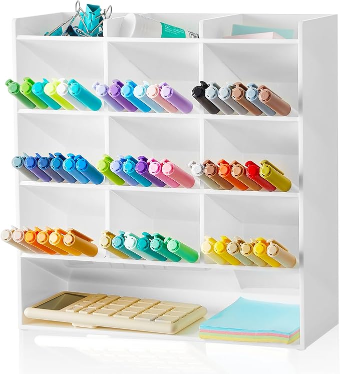 MotiMind Acrylic Pen Organizer Storage for 150 Markers Vertical Marker Organizer Acrylic Pen Display Holder for Office Desk Desktop Stationery Pencil Storage, White, 10.2 x 4 x 9.8 Inch