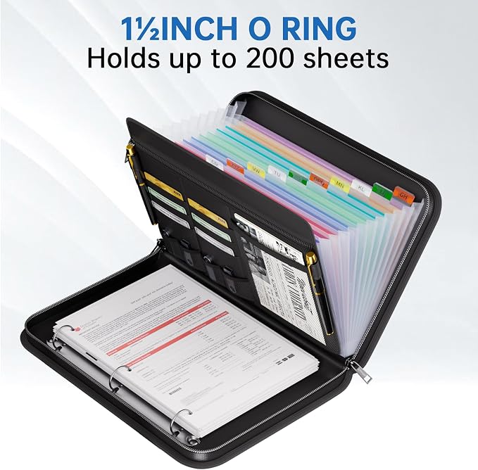 Tamfile Fireproof Accordion File Folder with Handle, Document Organizer | Expanding File Folder with 13 Pockets, Multiple Pockets, Water Resistant,Portable Travel Home Safe for A4 File,Travel,Black