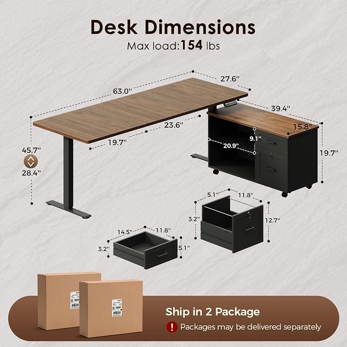 63" L Shaped Electric Standing Desk with Cabinet Sets, Walnut/Black | Mobile Drawers & File Cabinet Sets for Flexible Layout, Height Adjustable Executive Stand Up Desk for Home Office Workstation