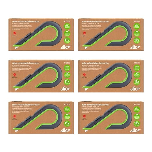 Slice Auto-Retractable Box Cutter, Heavy Duty Utility Knife, Safe Ceramic Blade Lasting 11x Longer than Metal, 6 Pack
