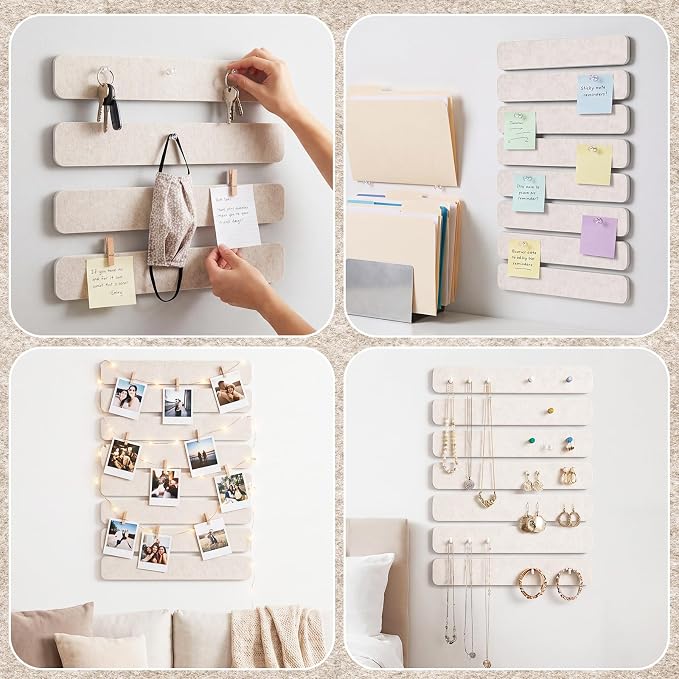 Thboxes 8 Pack Felt Bulletin Board Strips, 13x2 Inch Self Adhesive Felt Pin Boards with 50 Pushpins and 10 Wooden Clips Push Pins, Cork Board for Walls Home Office Decor(Oatmeal)