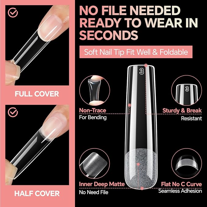 XXL No C Curve Square Flat Nail Tips, 240pcs Extra Long Straight Tapered Acrylic Gel Fake Nails, Matte Full Cover Clear Press on for Extension Manicure Home DIY 12 Sizes Gelly Tips