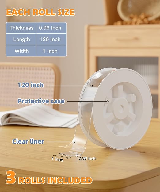 PPB Double Sided Tape for Heavy Duty Applications, Removable Mounting Tape, Nano Tape, Extra Large Clear Transparent Adhesive Strips for Poster Carpet Picture Hanging Strip Rug Wall Outdoor, 3-Pack