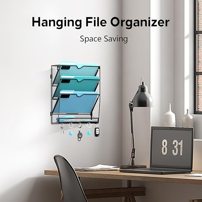 4-Tier Wall File Organizer and Mail Organizer with 5 Hooks, Black | Label slots, curved openings, 5 key hooks, and a bottom tray support organized mail, file, and everyday item storage.